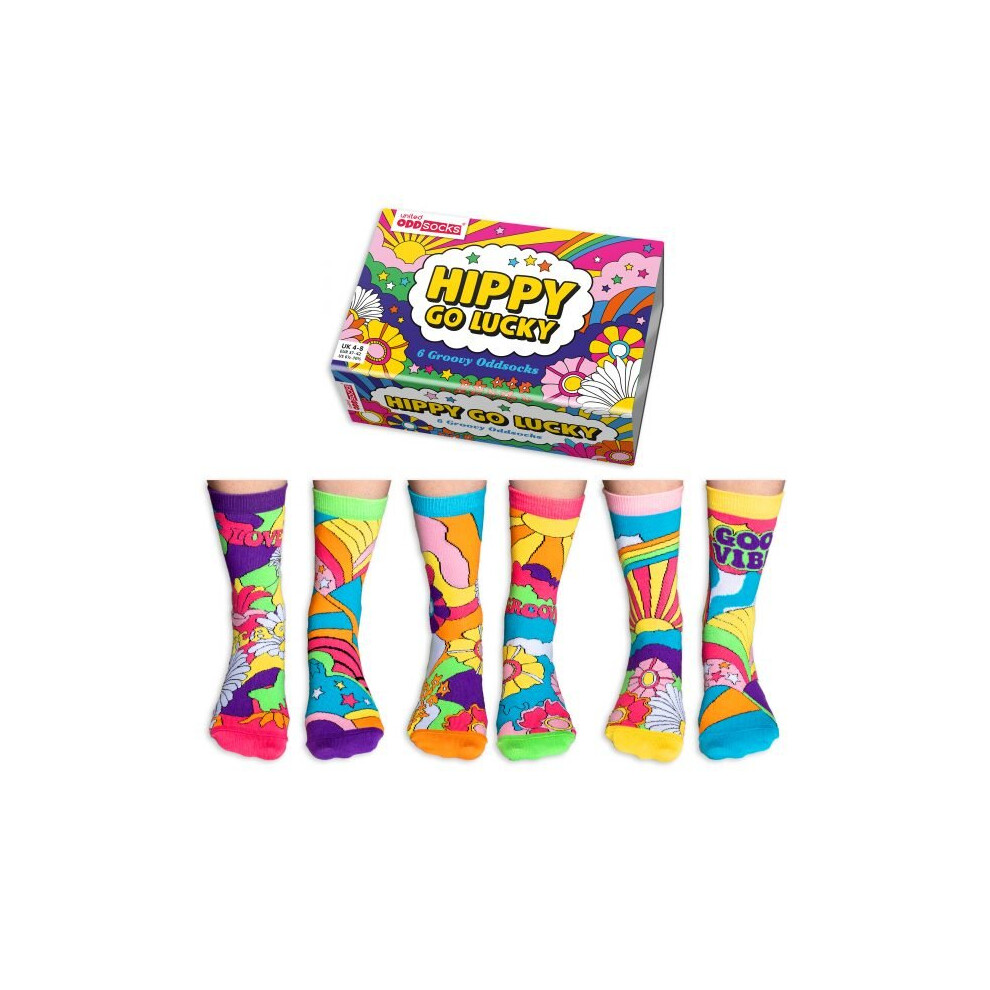 United Oddsocks Hippy Go Lucky Box of 6 Multicoloured Socks UK 4-8