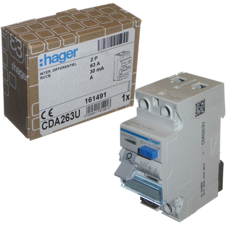 Hager Cda263u - 63 Amp 30Ma A-Type Rcd Double Pole Rccb Trip 3250611614913