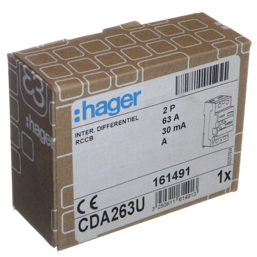 Hager CDA263U - 63 Amp 30mA A-Type RCD Double Pole RCCB Trip 1