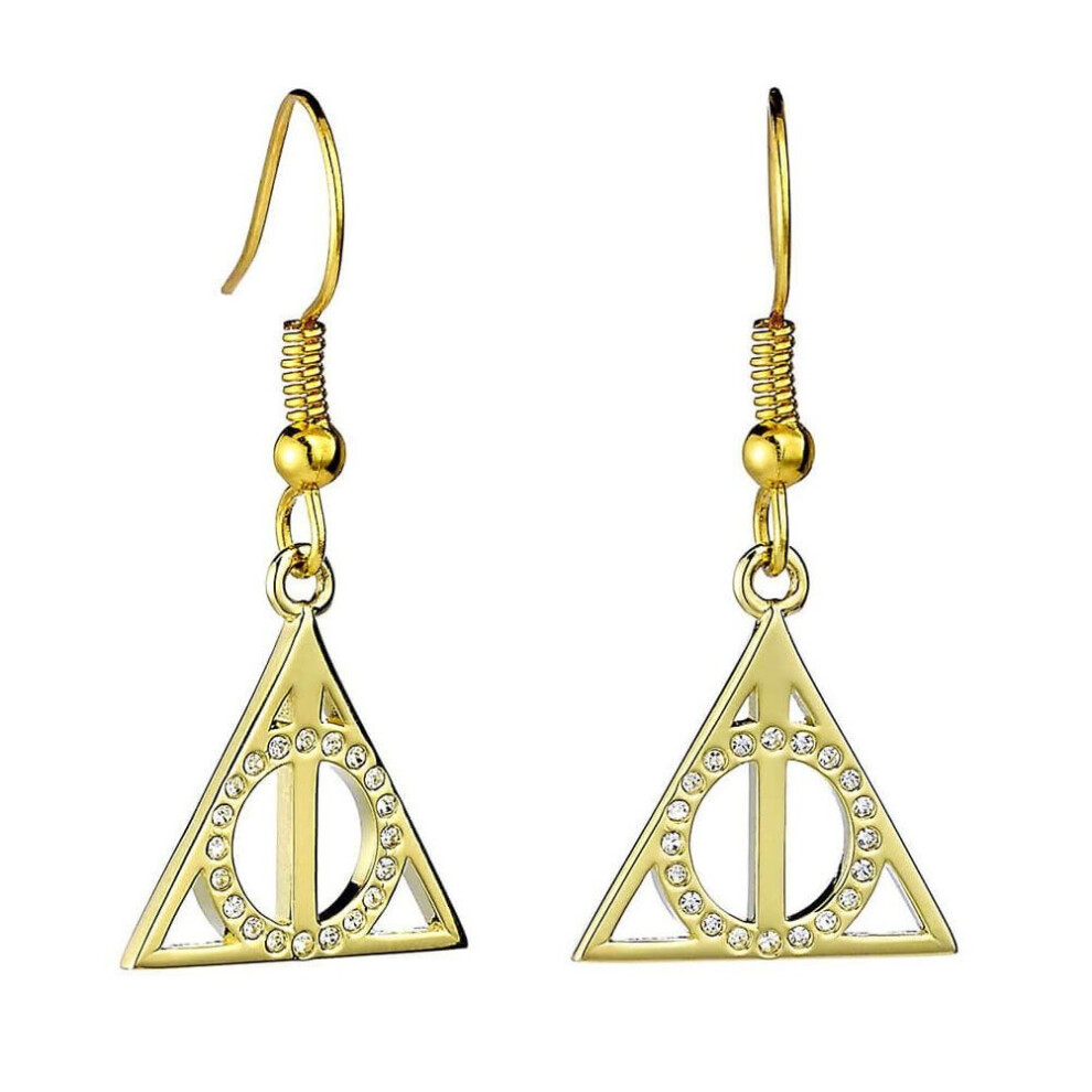 Harry Potter Gold Plated Sterling Silver Deathly Hallows Drop Earrings with Crystals