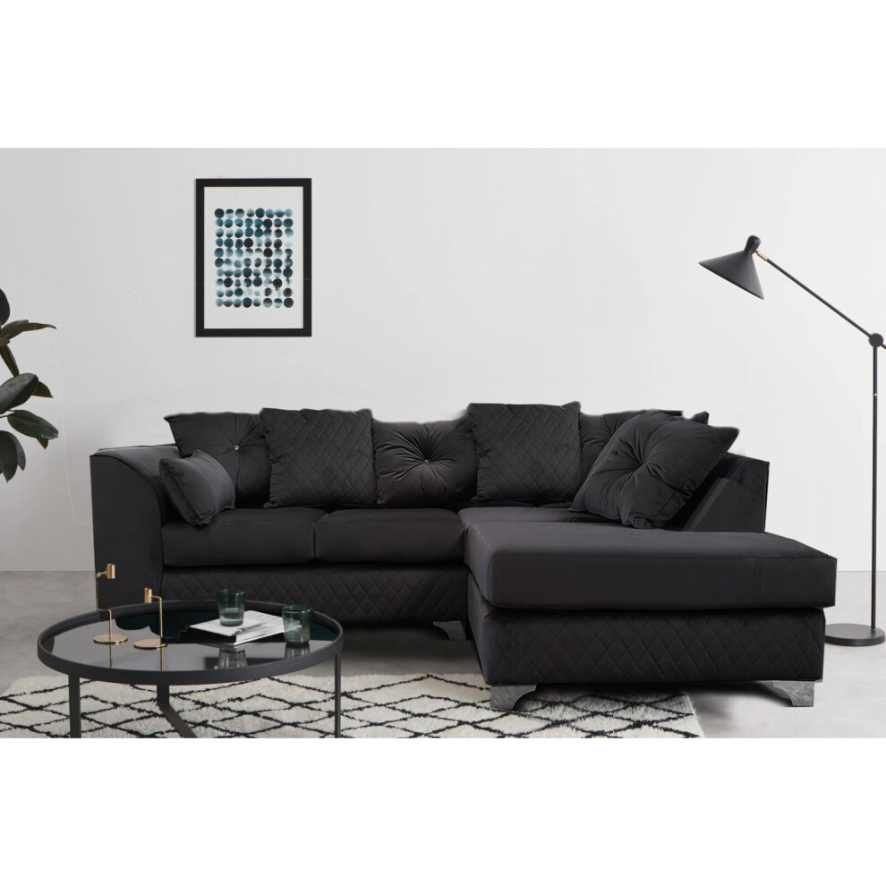 (Black, Right Hand Facing) Victoria Plush Velvet 4 Seater Corner Sofa