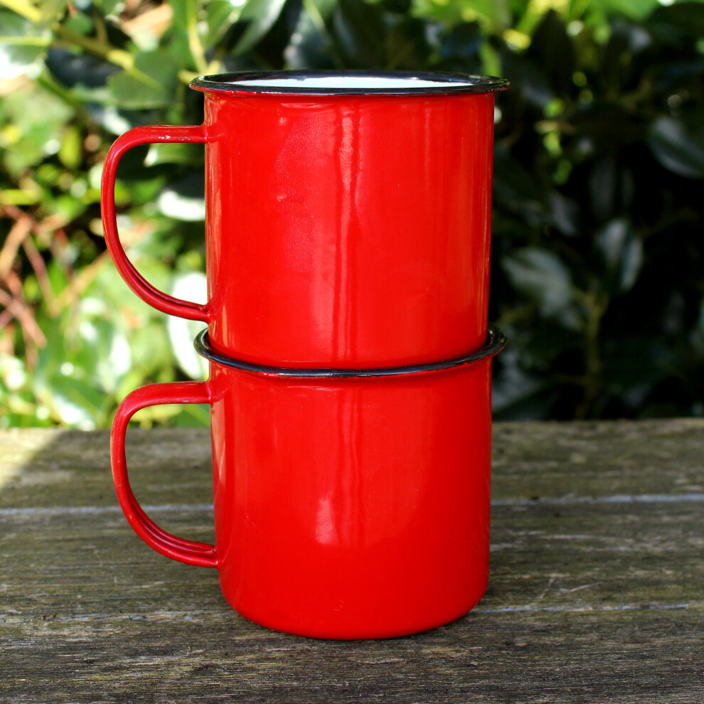 (Red) Set 2 Coloured Enamel Mugs Retro Tin Rustic Metal Cups