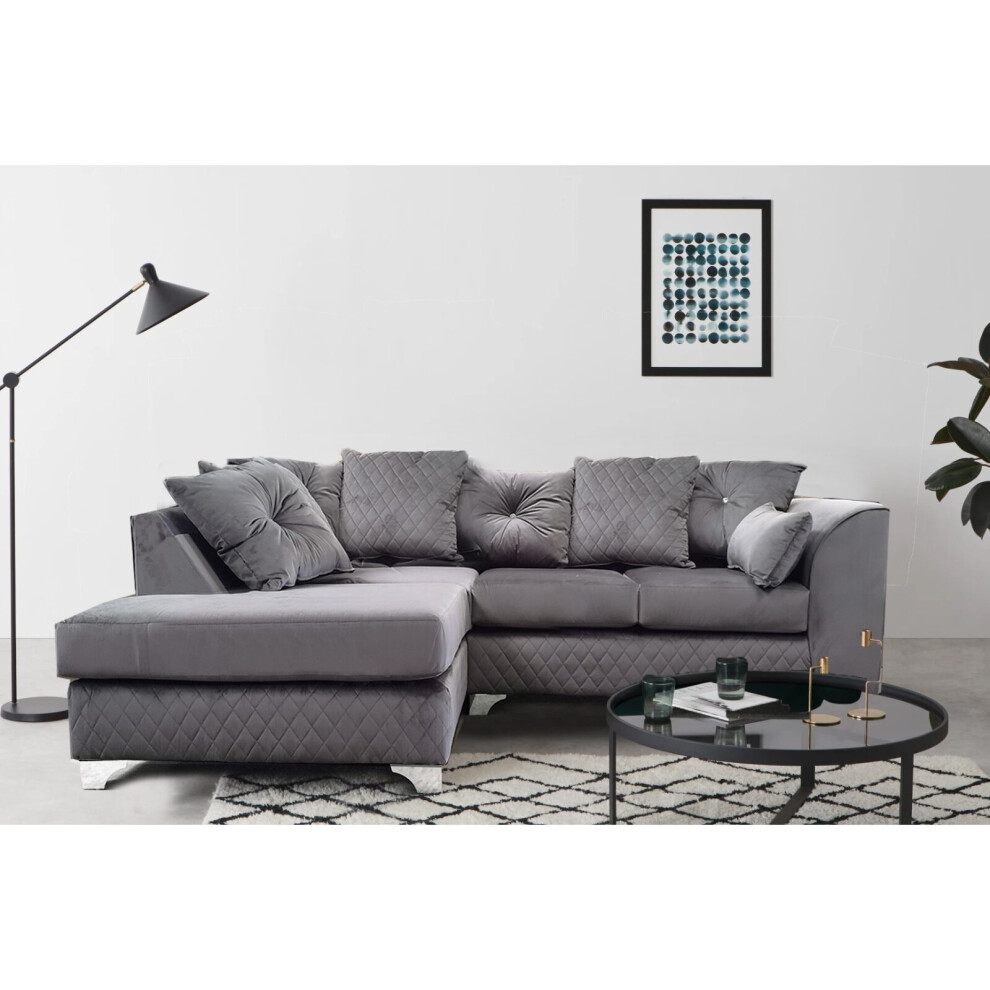 (Grey, Left Hand Facing) Victoria Plush Velvet 4 Seater Corner Sofa