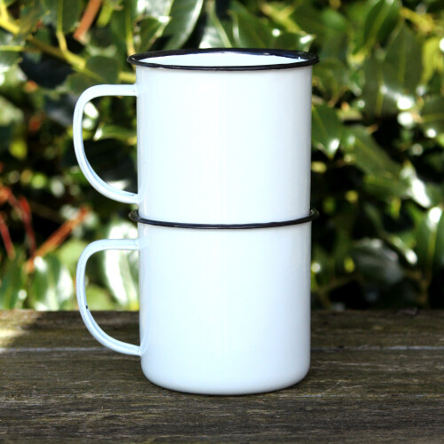 (White) Set 2 Coloured Enamel Mugs Retro Tin Rustic Metal Cups