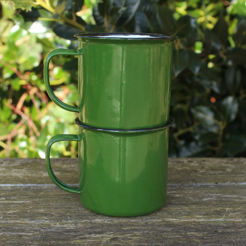 (Green) Set 2 Coloured Enamel Mugs Retro Tin Rustic Metal Cups