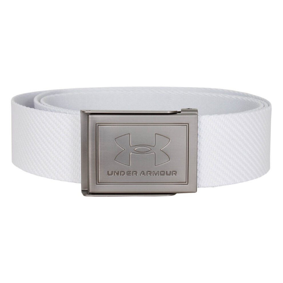 (One Size, White) Under Armour Mens 2022 Webbing Metal Clamp-Shut Buckle Reversible Golf Belt