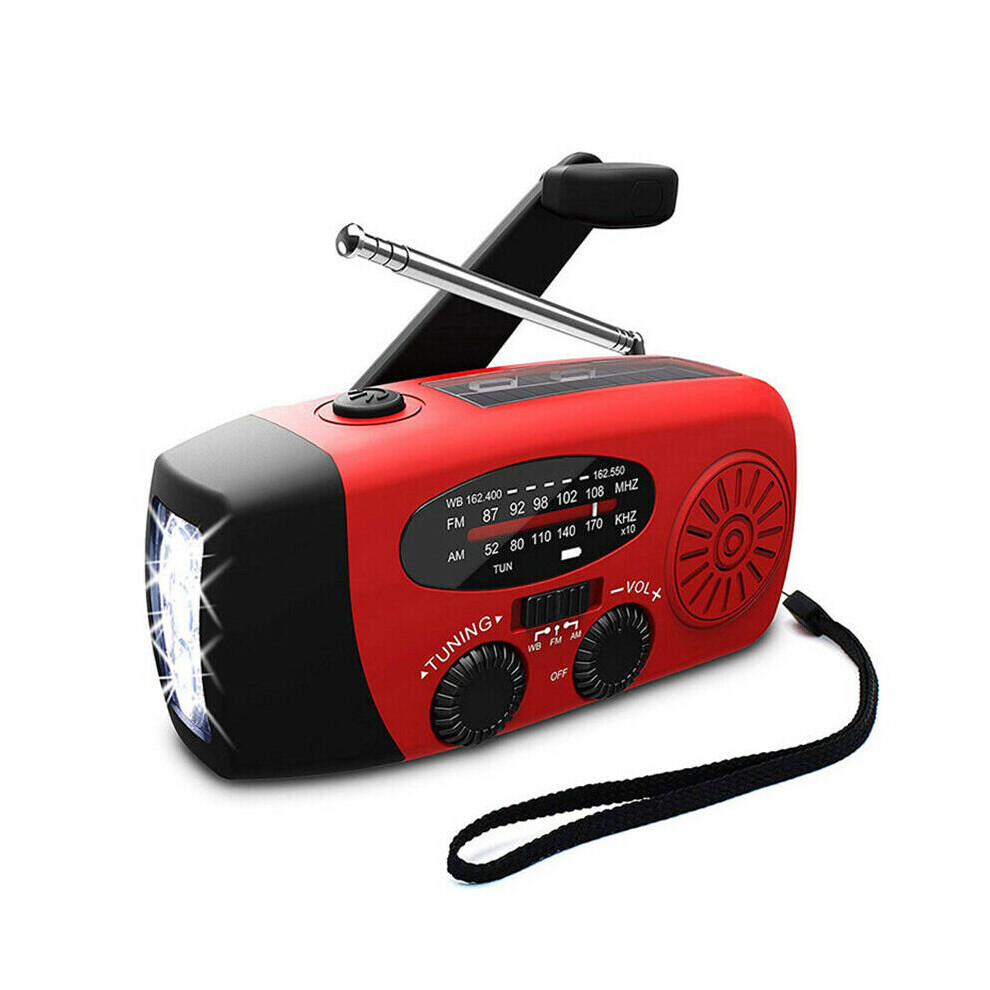 (RED) 2in1 Portable Wind Up Solar USB Rechargeable Hand Crank AM FM Radio Light Torch