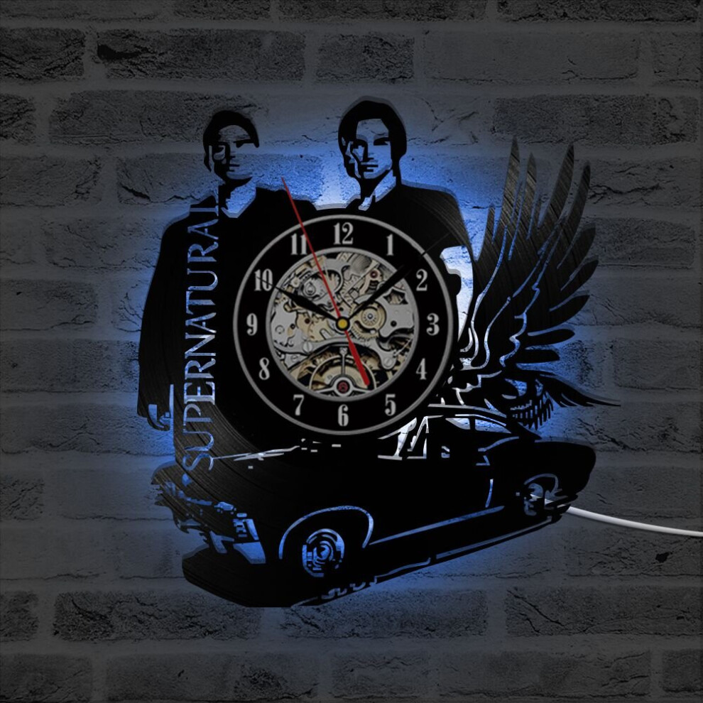 (With Lights 1) Etched Vintage Art Wall Clock Home Decor DJ Supernatural Vinyl Light Disco Laser