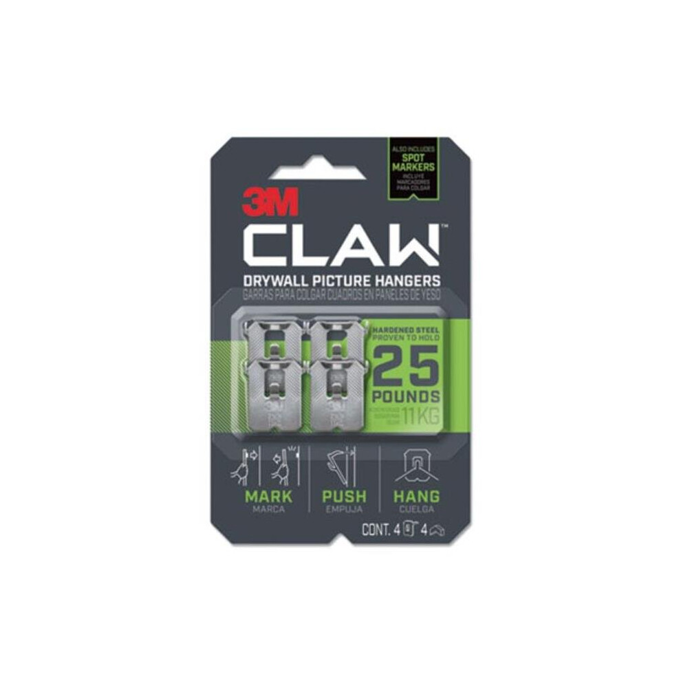 3M MMM3PH25M4ES Claw Drywall Picture Hanger, Holds 25 lbs, 4 Hooks & 4 Spot Markers, Stainless Steel