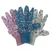 Briers Flowerfield Cotton Grip Gardening Gloves – Ladies Medium 3-Pack (Lilac, Blue & Green) with PVC Dots & Stretch Cuff