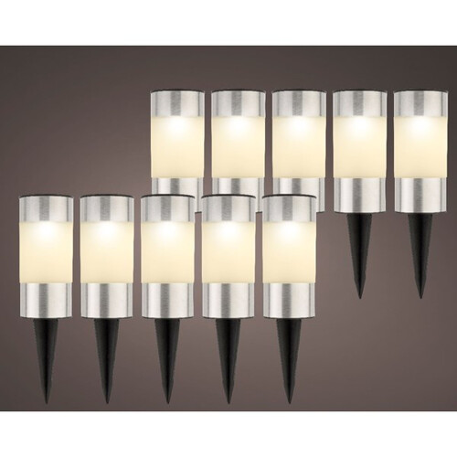 Solar Powered Stainless Steel Post Lights Set of 10 LED Stake Lights, Auto On at Dusk, Up to 6 Hours Warm White Garden Lighting