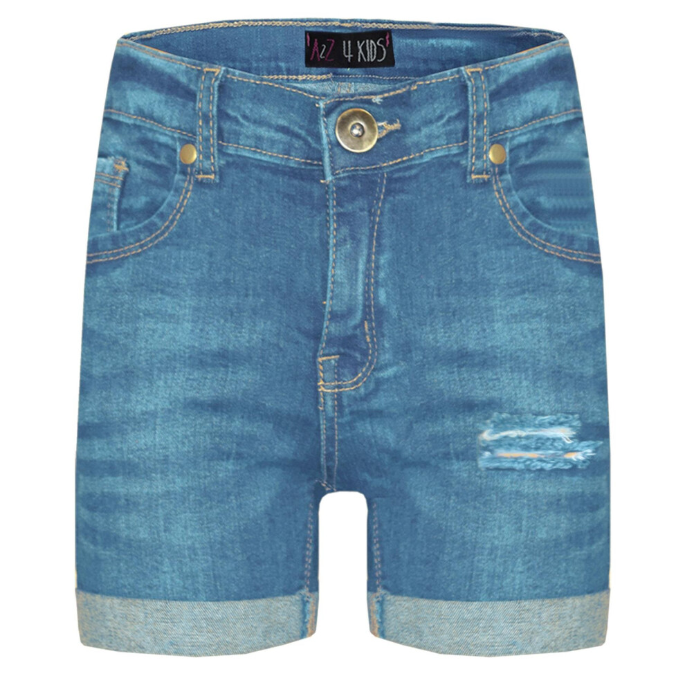 (11-12 Years, Light Blue) Kids Girls Denim Ripped Chino Bermuda Jeans Shorts