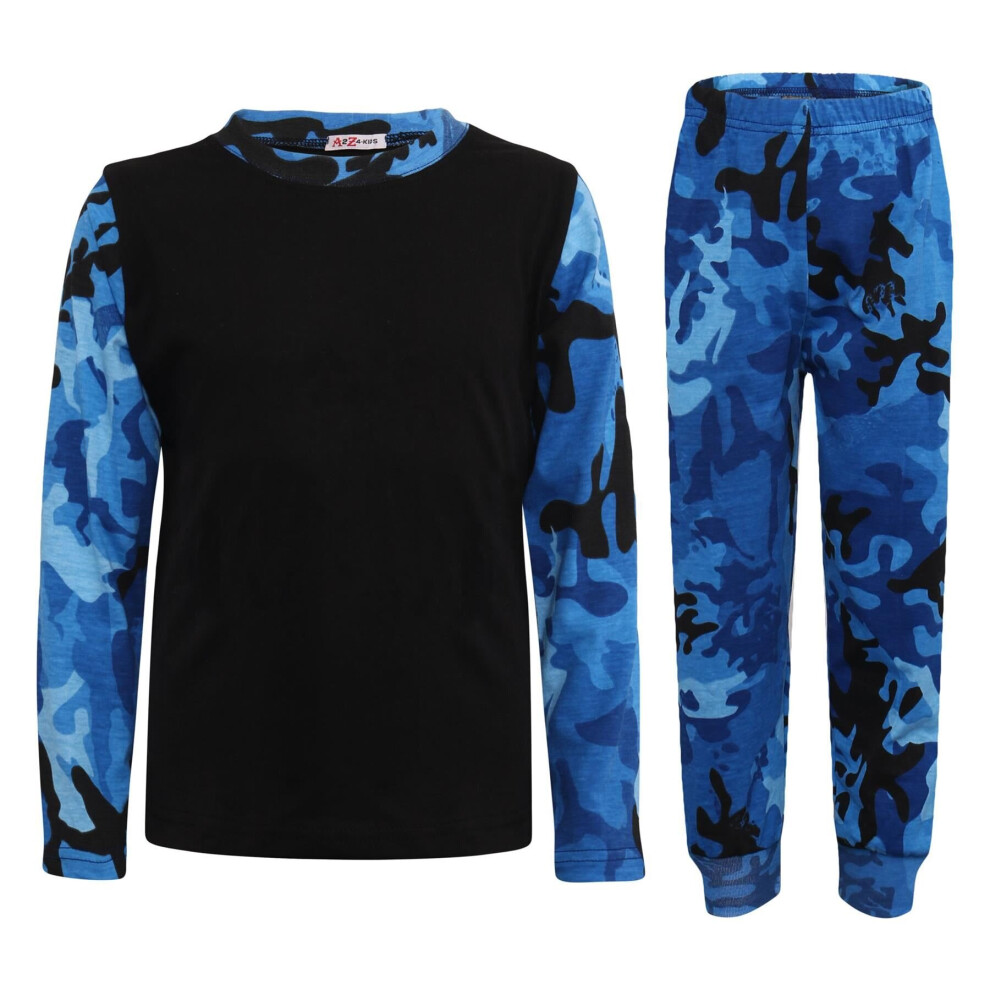 (11-12 Years, Camo Blue) Unisex Contrast Camo Blue Print Pyjamas Set 5-13