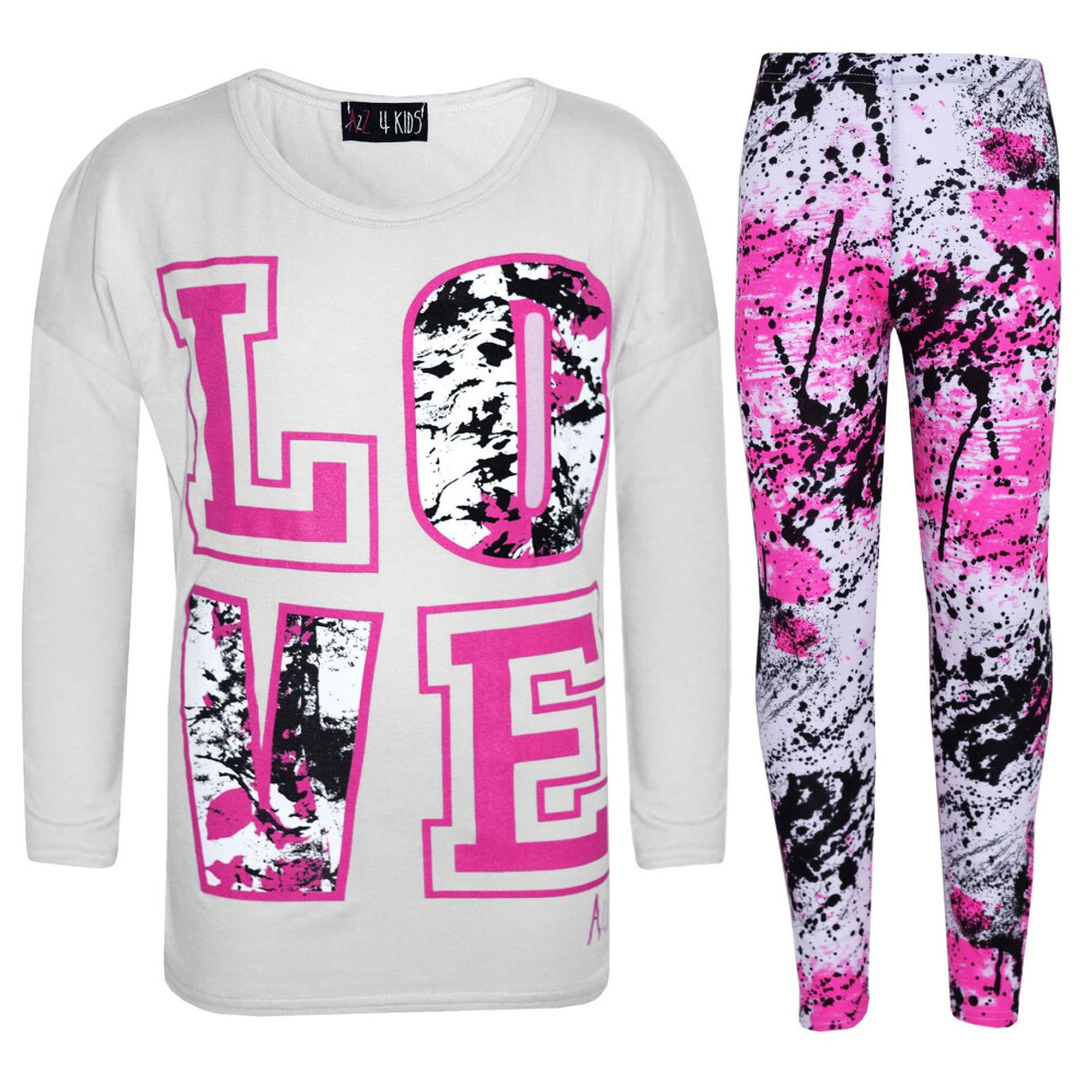 (5-6 Years, White Long Sleeves) Girls Love Splash Print T-Shirt Top & Leggings Set