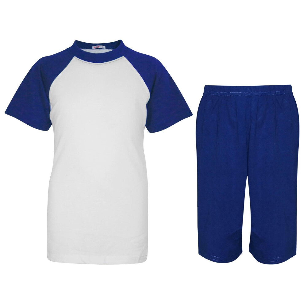 (9-10 Years, Royal Blue) Unisex Raglan Style Pyjamas Contrast T-Shirt Short