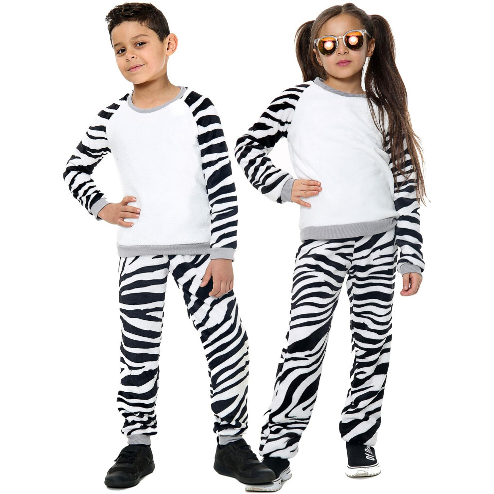 (11-12 Years, Zebra) Girls Boys Zebra Print Sleeve Pyjamas Sleepsuit