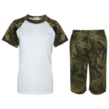 (9-10 Years, Camo Green) Unisex Camo Green Raglan Style Pjs T-Shirt Shorts