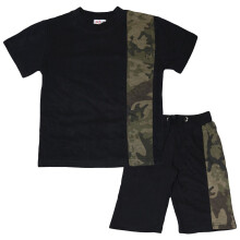 (11-12 Years, Camo Green) Boys T Shirt Shorts 100% Cotton Contrast Panel Set