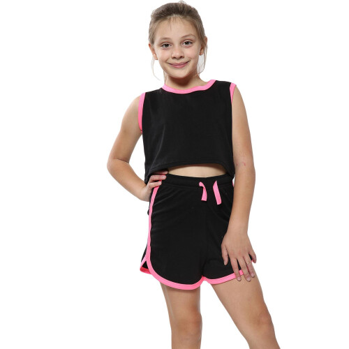 Kids Girls Shorts 100% Cotton Contrast Taped Summer Pink Top & Hot Shorts  Sets