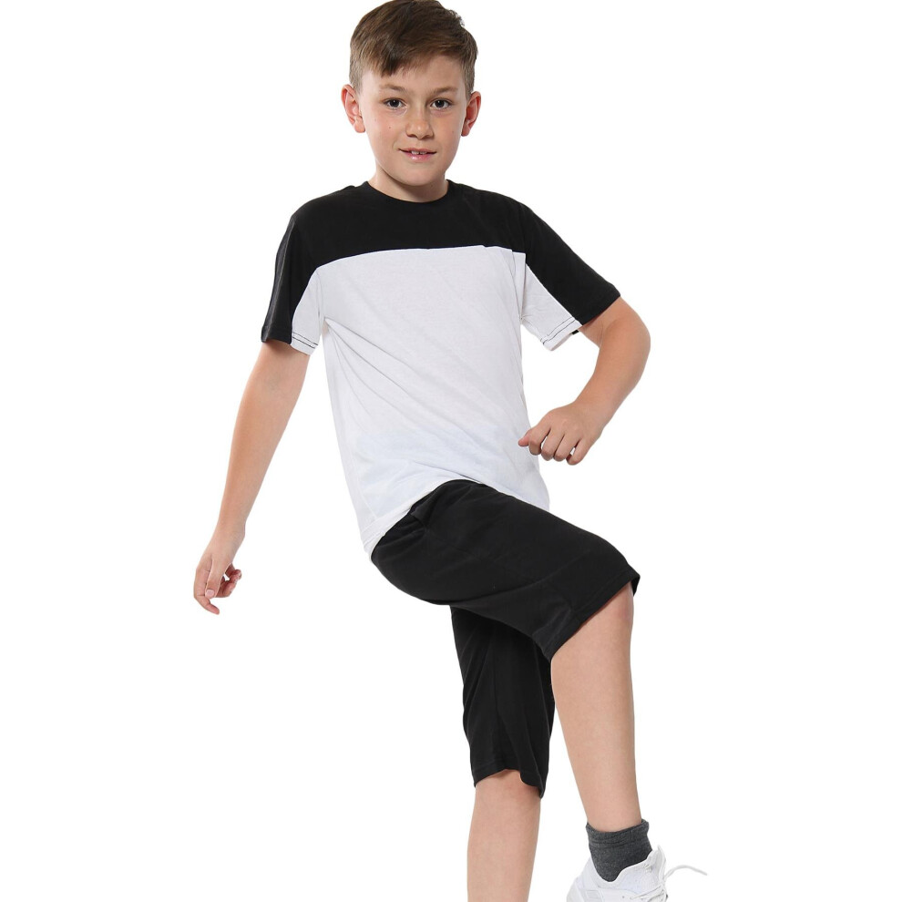 (11-12 Years, Black) Girls Boys Contrast Panelled T Shirt Short Set-image-OPC-P8XC8SH-NEW