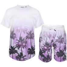(9-10 Years, Purple) Boys T Shirt Shorts Palm Trees Fade Two Tone Set