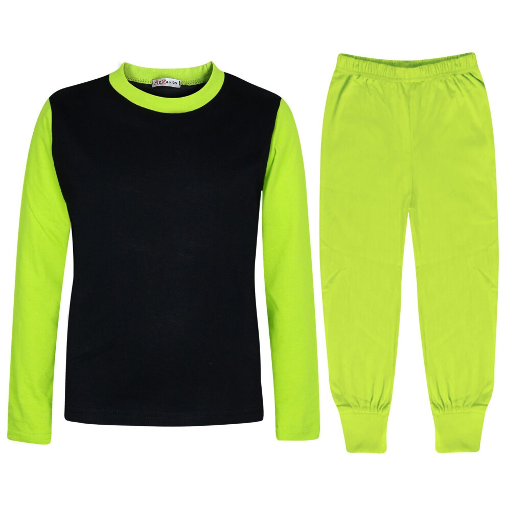 (7-8 Years, Lime) Girls Boys Contrast Color Plain Pyjamas Set 2-13Yr