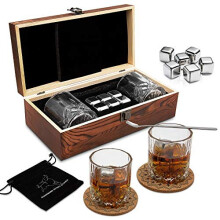 Whiskey Gift Sets for Men,Whiskey Glass Set with 6 Stainless Steel Reusable Ice Cubes,Whisky Tumbler with 2Classic Coasters,Mixing Spoon,Vel