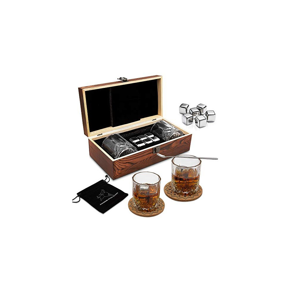 Whiskey Gift Sets for Men,Whiskey Glass Set with 6 Stainless Steel Reusable Ice Cubes,Whisky Tumbler with 2Classic Coasters,Mixing Spoon,Vel