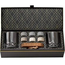 Whisky Chilling Stones Gift sæt - 6 Håndlavet premium Granite Round Sipping Rocks - 2 Crystal Glass Tumblers - Hardwood Presentation & Storage Ba
