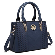 Miss Lulu Women Top Handle Bag Woven pattern and Chevron Shoulder Bag Front M Logo Handbags (6865 Blue)