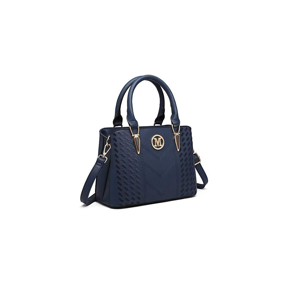 Miss Lulu Women Top Handle Bag Woven pattern and Chevron Shoulder Bag Front M Logo Handbags (6865 Blue)