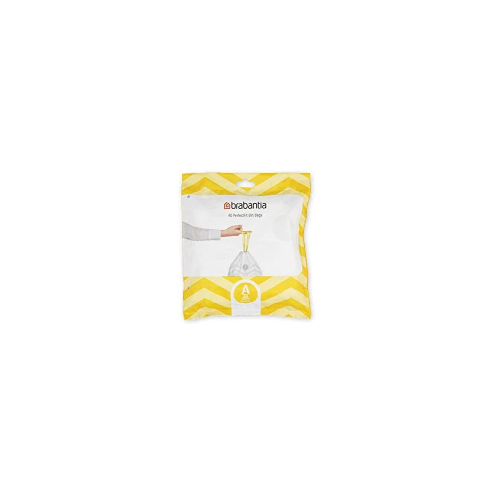 Brabantia PerfectFit Bin Liners (Size A/3 Litre) Thick Plastic Trash Bags with Tie Tape Drawstring Handles (40 Bags)