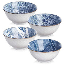 Y YHY Cereal Bowls, Ceramic Bowls for Soup, Salad, Pasta, Rice, 24 Ounces Ramen Bowls, Microwave & Dishwasher Safe, Assorted Blue White Patt