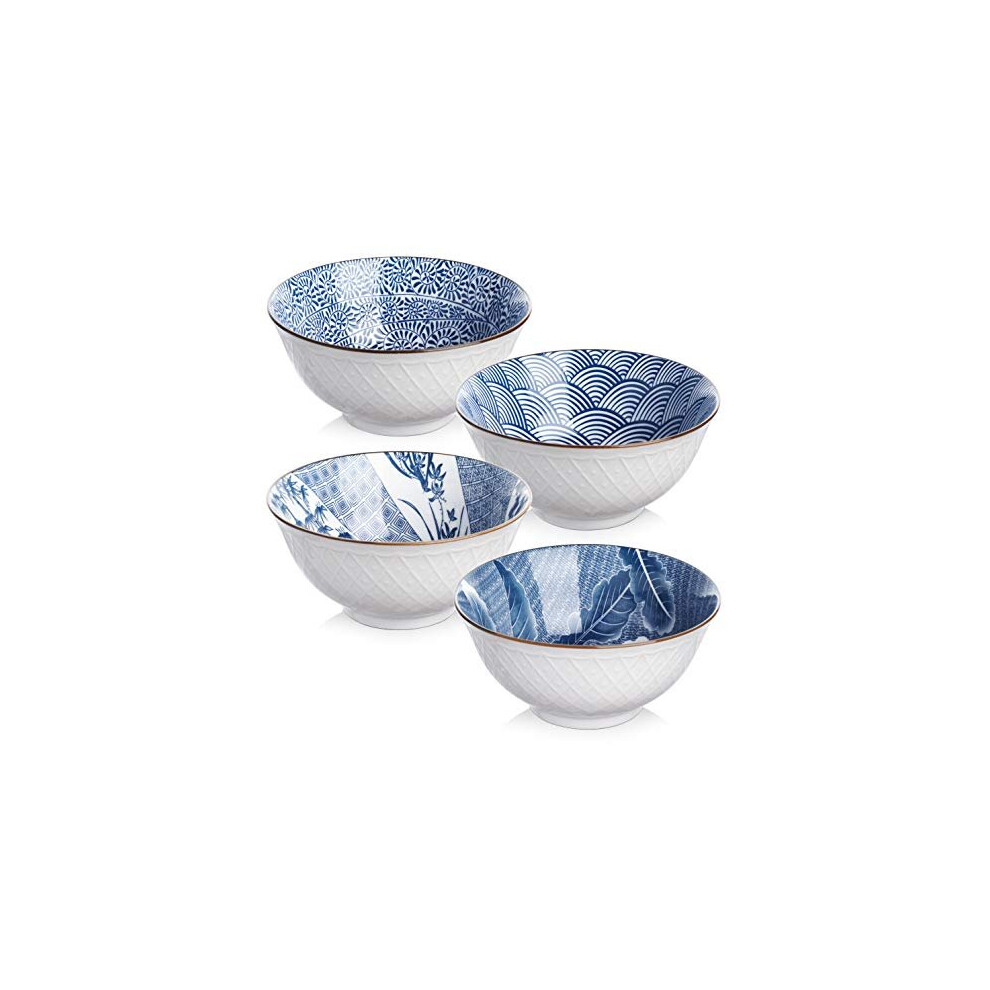 Y YHY Cereal Bowls, Ceramic Bowls for Soup, Salad, Pasta, Rice, 24 Ounces Ramen Bowls, Microwave & Dishwasher Safe, Assorted Blue White Patt