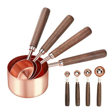 GuDoQi Measuring Cup and Spoon Set, Set of 8, Walnut Handle, Engraved Measurements, Premium Stainless Steel, Mirror Polished For Measuring B