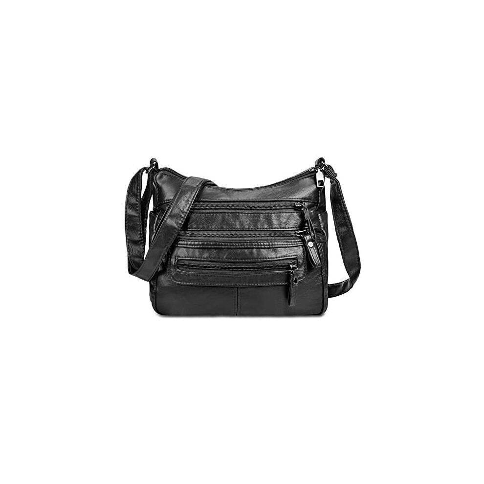 Handbags for Women?Ladies Lightweight Soft PU Leather Shoulder bag Multi-Pocket Messenger Black Cross-Body Handbags for Women with Adjustable Str