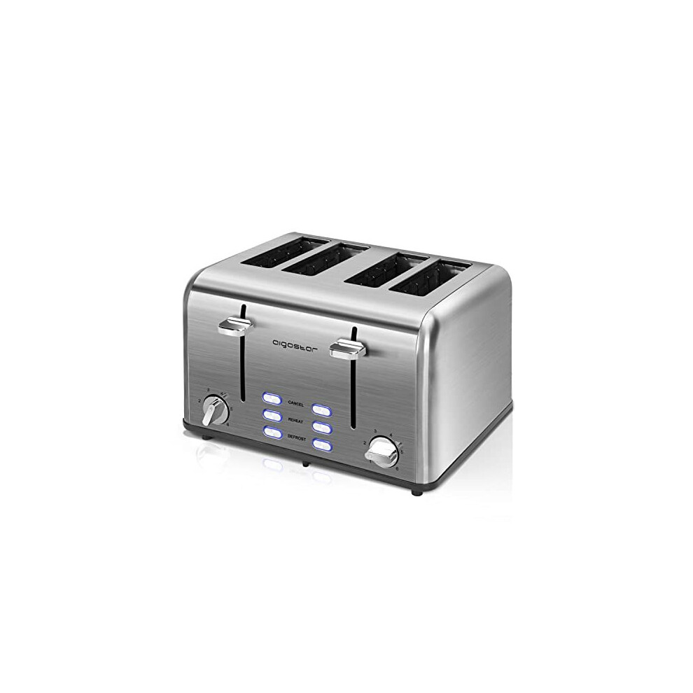 Aigostar Stainless Steel Toaster 4 Slice, Independent and Extra-Wide Slots, Defrost & Reheat Functions, 1550W Electric Toaster with High Lifting,