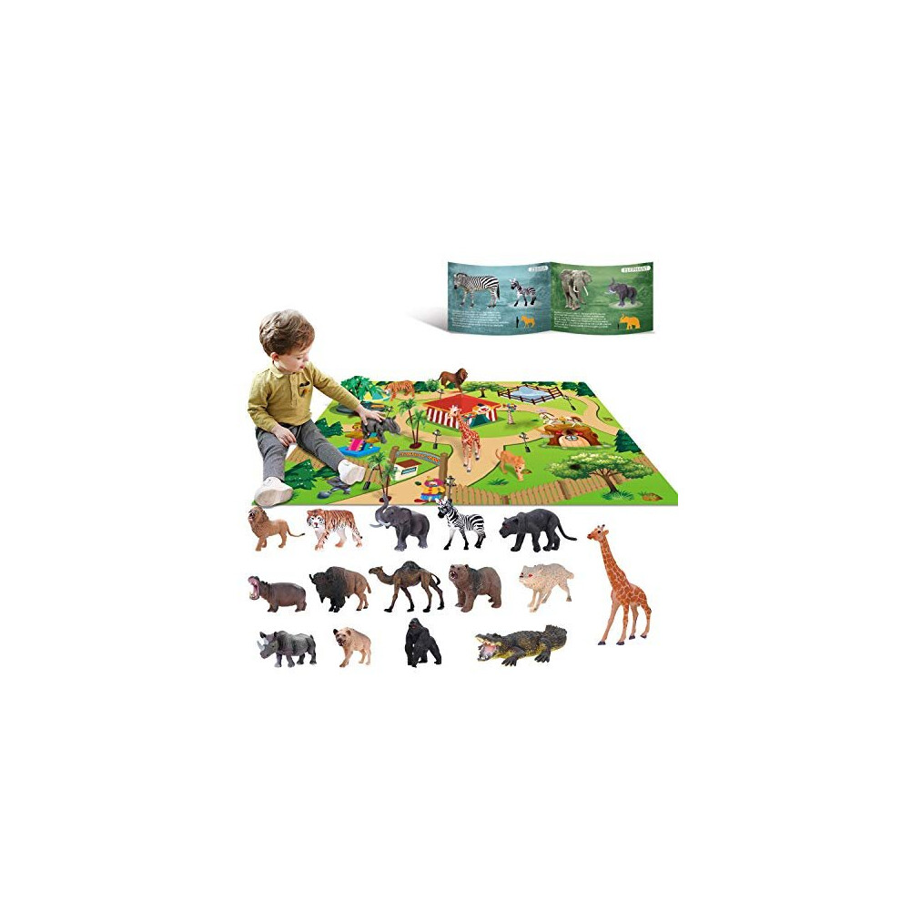 YouCute 15 Animal Toys for 3 4 5 6 Years Old Boys Girls Jungle Wild Set Educational Plastic Animal Toys with Play Mat Lion Tiger Party Gifts