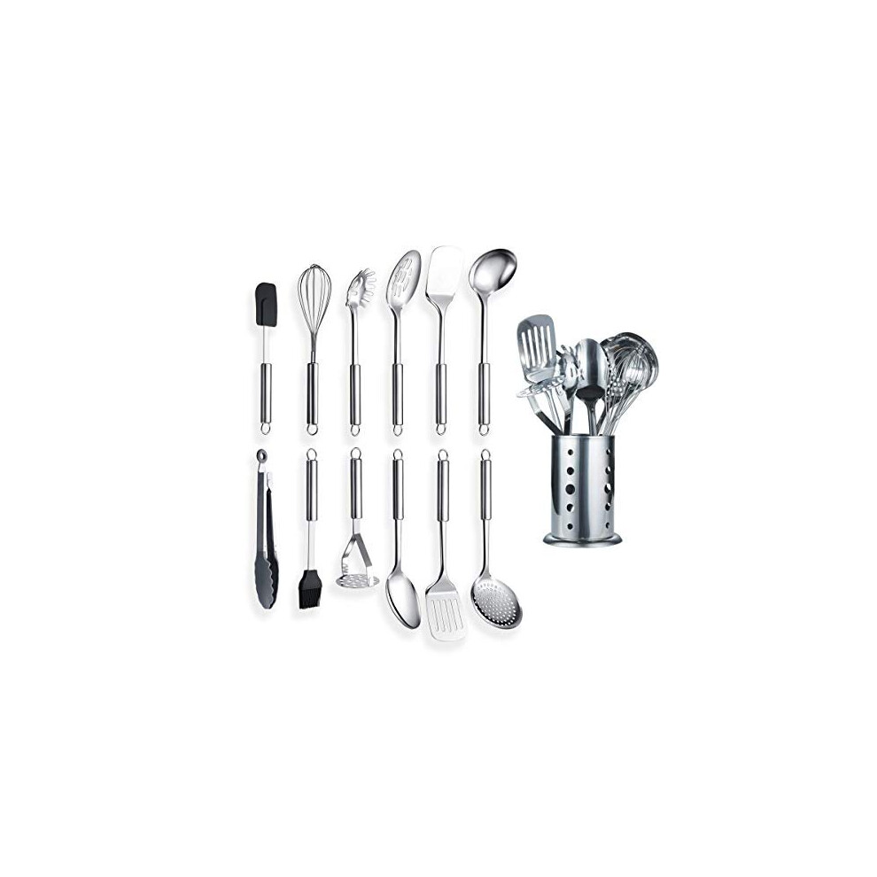 Berglander Stainless Steel Kitchen Utensil 12 Piece with 1 Stand, Cooking Spoon, Kitchen Tools Cooking Utensil with Holder. (13 Pieces)