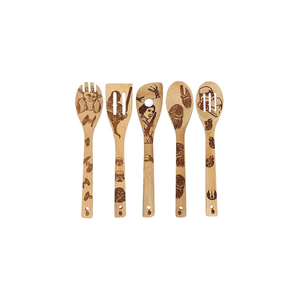 Star Wars Burned Wooden Spoons Utensil Set Gift Idea for Women and Men? 5 Piece Cooking Serving Utensils Natural Bamboo Kitchen House Warmin