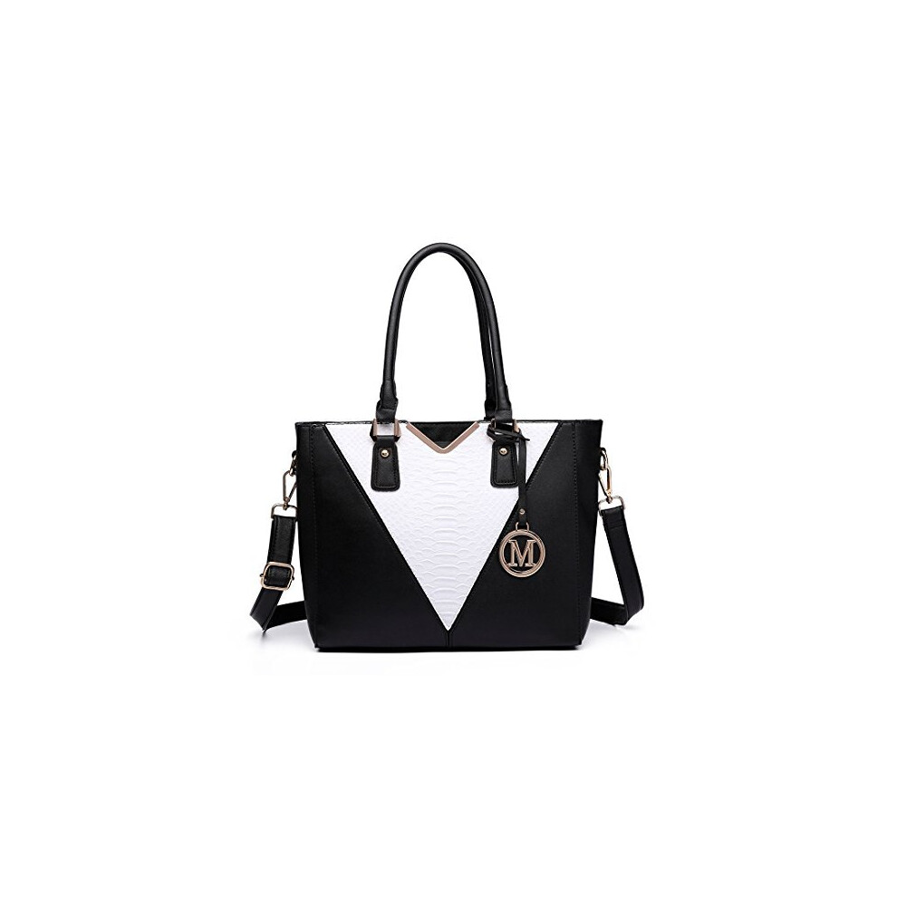 Miss Lulu Leather Look V-Shape Shoulder Handbag (Black)