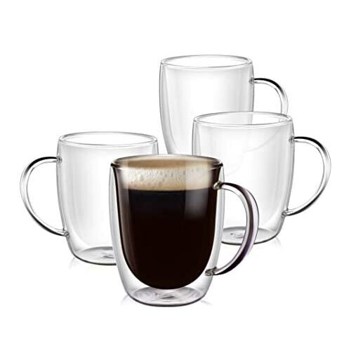 PunPun Clear Coffee Mug set of 4, Double Wall Insulated Coffee Mugs, Perfect size for Drinking Glass, Mugs with Big Handle, 12.9OZ. 380ml