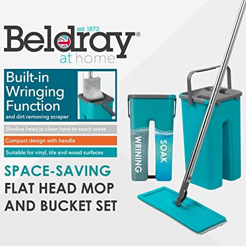 Beldray Beldray LA067234EU Space Saving Flat Head Microfibre Mop and Bucket Set, Built-in Wringer & Dirt-Removing Scraper, Compact for an Easy Stora 1
