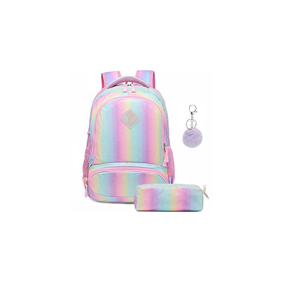 Girls Backpack Rainbow Glitter Backpack Elementary School Bags with Pencil Bag,Colorful Rucksack Shiny Backpacks for Kids Daypack for Travel