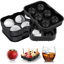 LessMo Giant Ice Cube Tray Round, 2 Packs Silicone XXL Ice Cube Molds with Lid and Funnel, BPA Free & FDA Approved, Black, for Whiskey, Cock