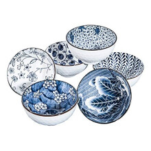 Swuut Japanese Style Ceramic Cereal Bowls,24 Ounces Salad,Soup,Rice Bowl Set,Blue and White Set of 6 (6 inch)