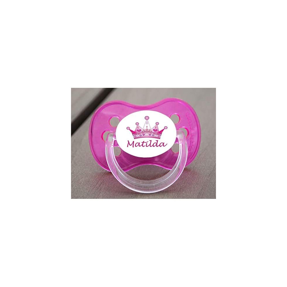 Funky Dummy Twin Pack Personalised Dummy Pacifier Soother, All Teats, Sizes & Colours, Pink Crown 1 **2 Pack**