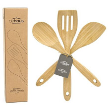 Dehaus Luxury 3pc Bamboo Kitchen Utensils Set, Premium Wooden Spoon, Spatula & Fish Slice Slotted Turner Utensil Accessories, Wood Cooking