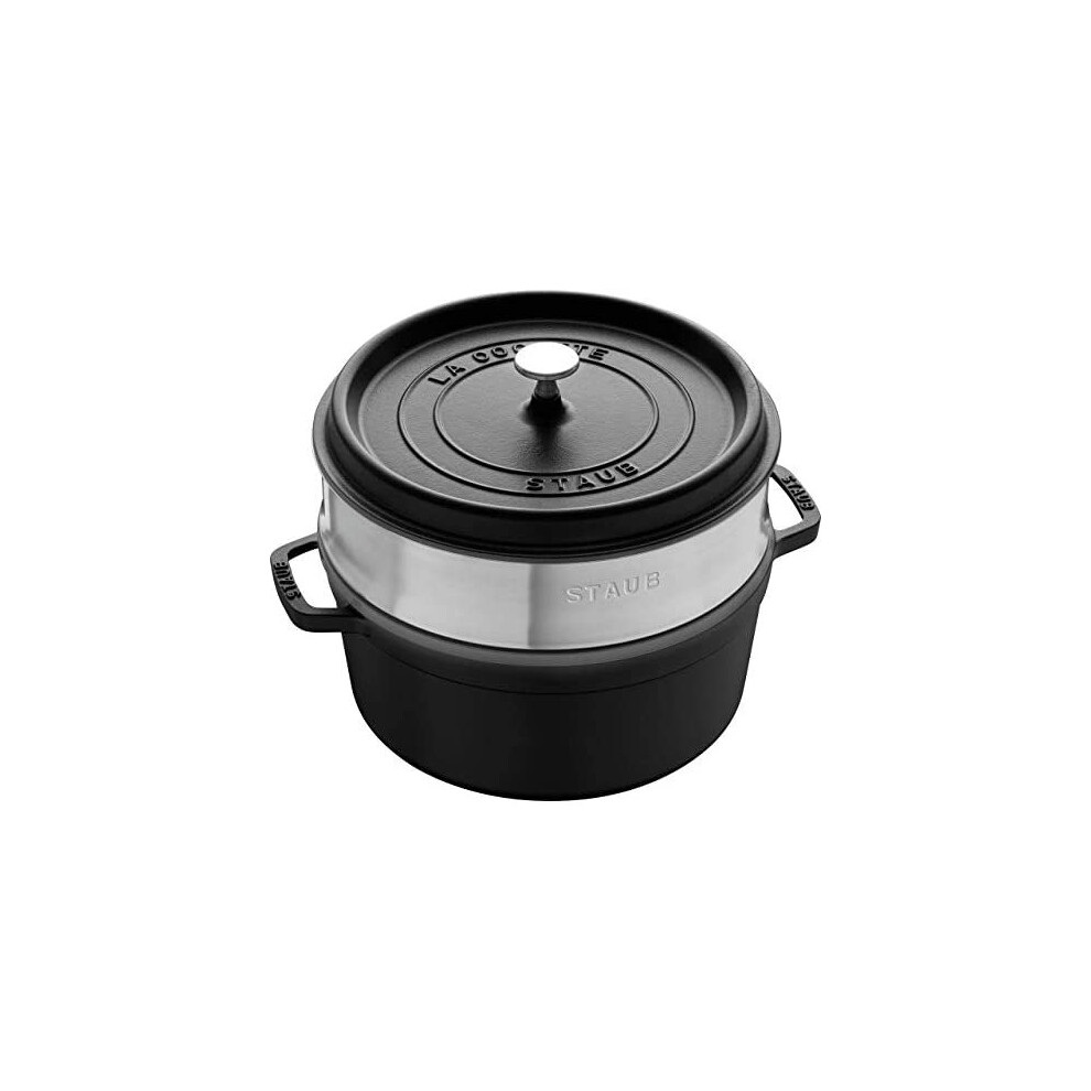 STAUB Cast Iron Roaster/Cocotte, With Steam Insert, Round 26 cm, 5.2 L, With Matte Black Enamel Inside the Pot, Black