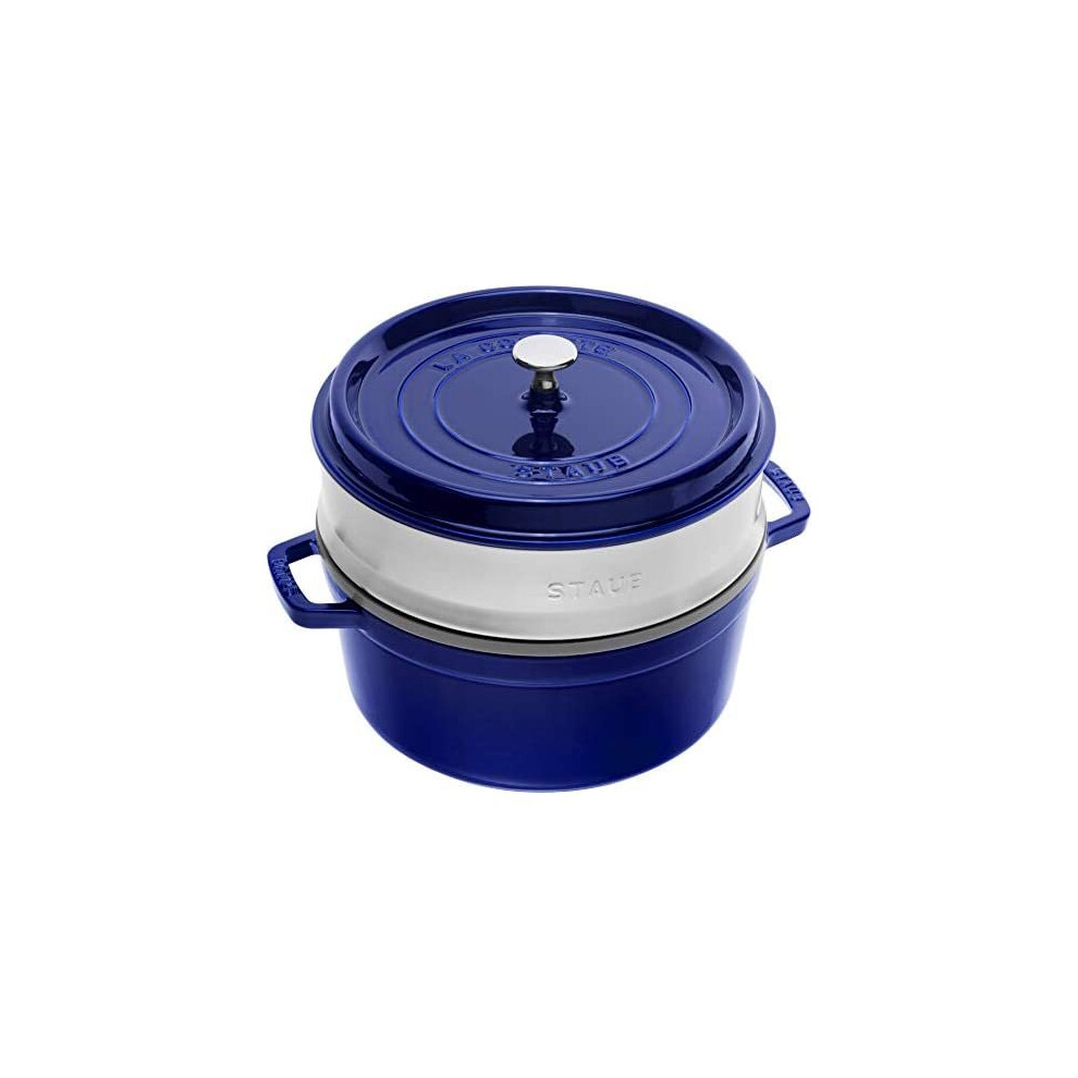 STAUB Cast Iron Roaster/Cocotte with Steamer Insert, Round, 26 cm, 5.2 L, With matte black interior enamel, Dark Blue